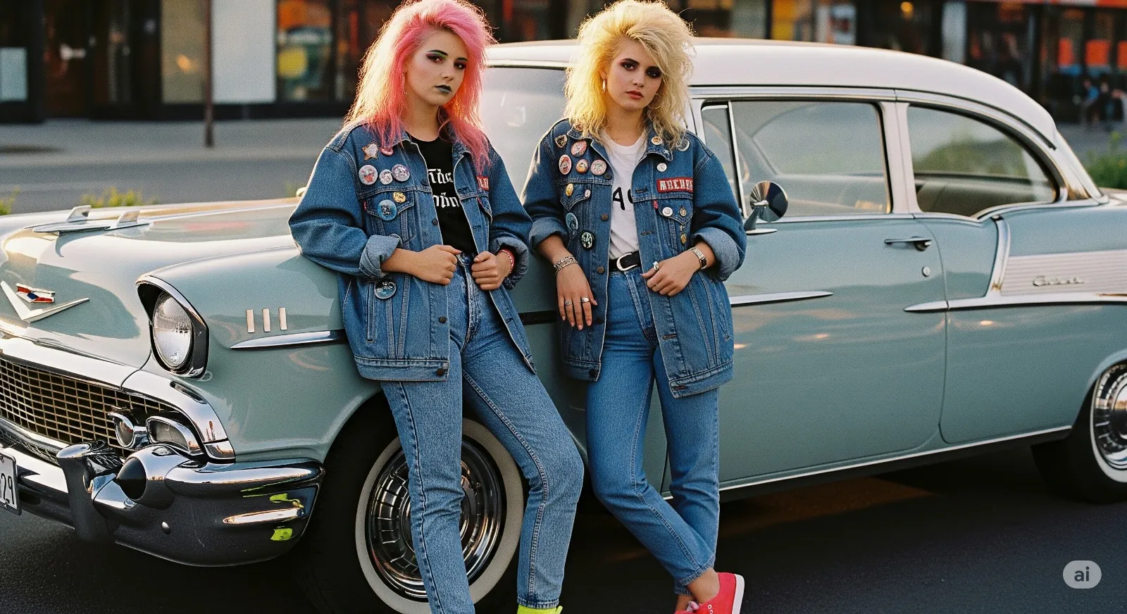 Teenagers wearing 1980s acid-washed denim outfits and decorated jean jackets